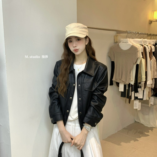 MSTUDIO漫莎-工装分割口袋气质高级质感皮外套短外套C7707