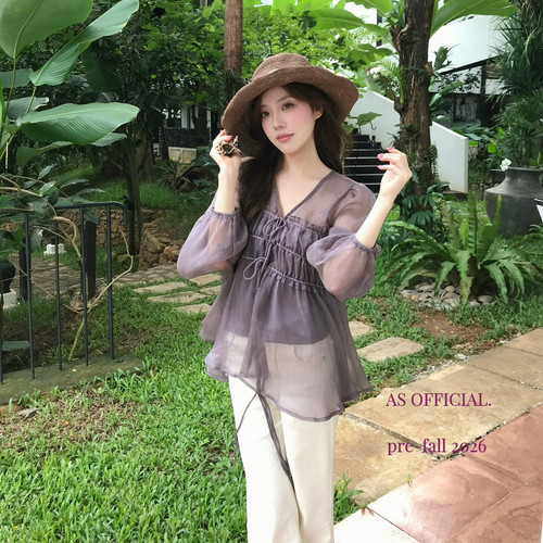 AS OFFICIAL-时区美而不费力·v领珠光褶皱小衫+背心两件套装2866