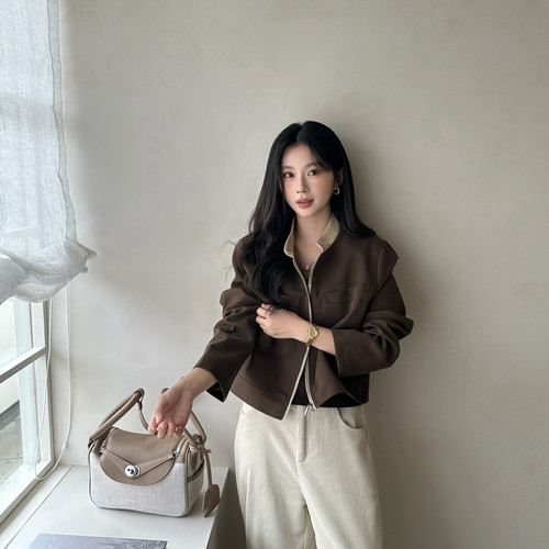AO2-上线短款工装夹克女撞色立领哑光外套三色新款短外套622