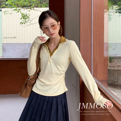 ZY GODDESS-韩版miu系撞色拼接双层翻领纽扣V领修身褶皱长袖小衫