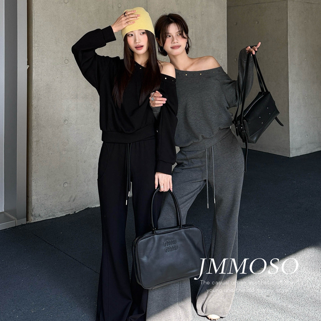 ZY GODDESS-风铆钉斜领露肩宽松卫衣+松紧腰显瘦喇叭裤休闲裤套装,女装/女士精品,时尚套装,淘宝优惠券,粉丝福利购,淘宝优惠卷