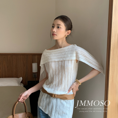 ZY GODDESS-韩版翻领宽松竹节麻不规则下摆针织小衫(配腰带)JW321
