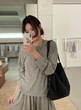 KITTIN-懒风亚麻混纺莱赛尔棉长袖T恤+半身裙套装(两件套)T2339-1