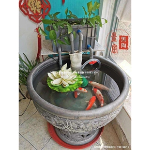 家用鱼缸瓦缸古法养鱼无釉黑陶瓦盆室内养兰寿金鱼院子仿古门海缸