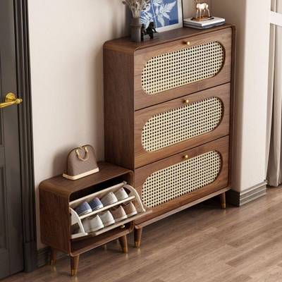【折扣价】现代简约超薄藤编鞋柜实木家用入门口玄关柜六户翻斗收