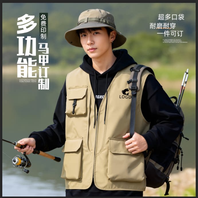 高端多口袋工作服马甲定制印LOGO男女款户外钓鱼摄影活动V领背心图片