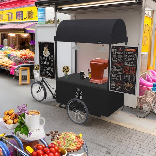 摆摊推车售货车咖啡车拖车人力三轮车食品卡车烧烤3轮黑色移动咖