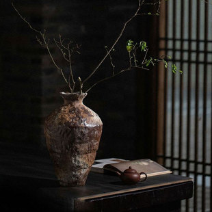景德镇侘寂风禅意摆件大粗陶罐手工插花民宿酒店复古怀旧陶瓷花瓶