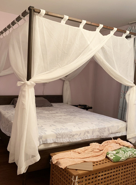 新中式美式古典四柱架子床幔纱防蚊帐定制简约粘扣吊带整体床帘幔