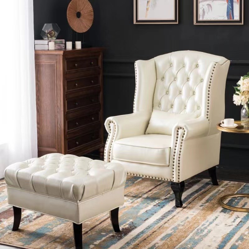 美式布艺老虎椅单人沙发北欧拉扣老虎凳皮艺小户型客厅卧室高背椅