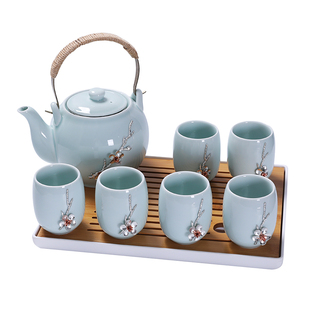 少女心简约茶壶家用功夫茶杯 镶嵌高端青瓷提梁壶茶具套组陶瓷中式