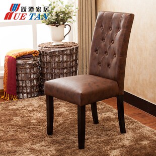 跃潭家居美式乡村休闲实木餐椅皮艺软包家用餐厅椅子酒店高背餐椅