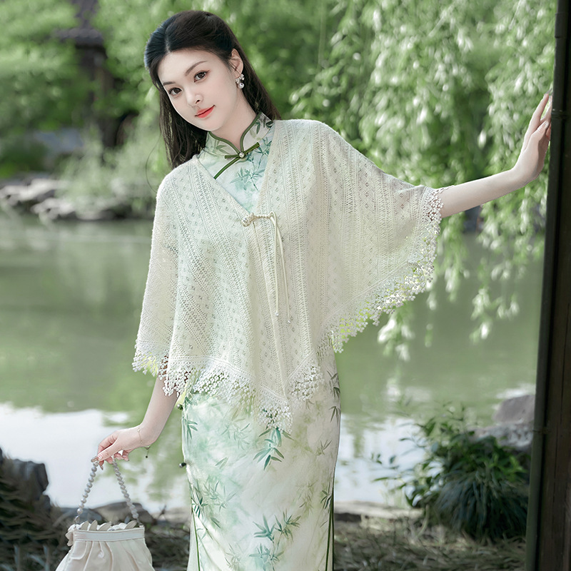空调房办公室针织披肩女外搭镂空流苏时尚旗袍白色斗篷披风薄款