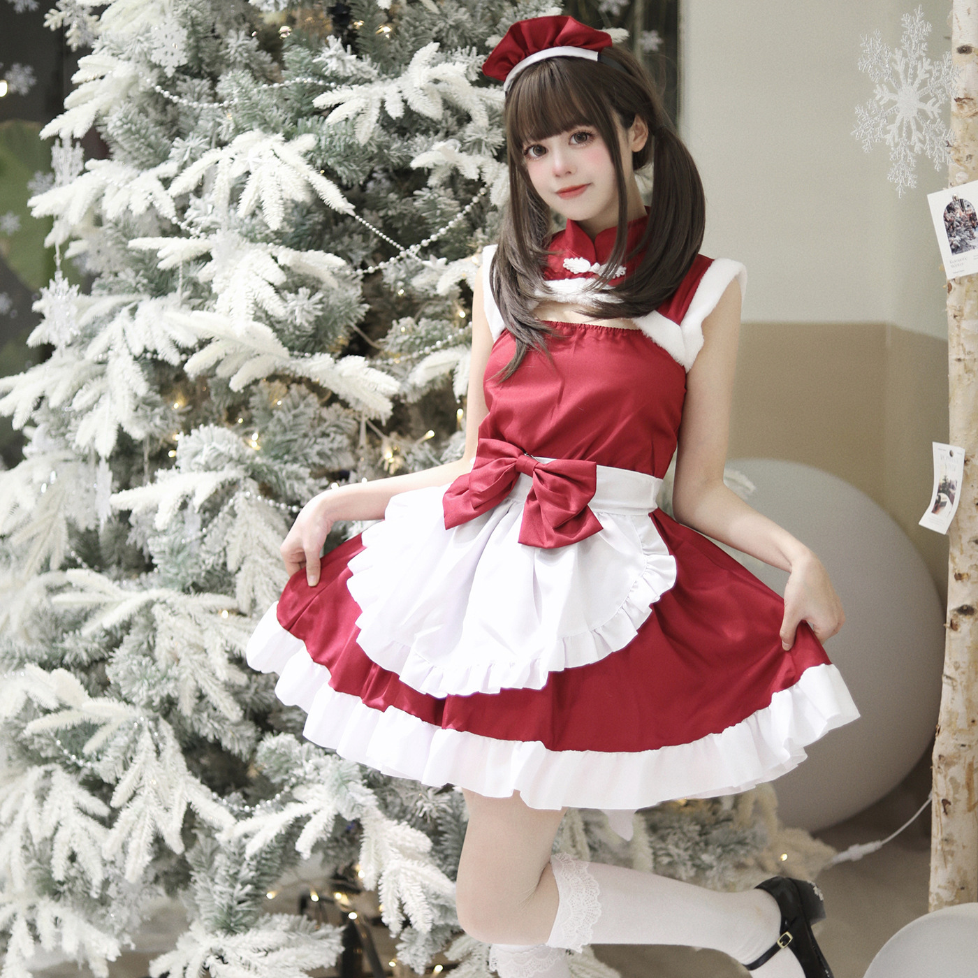 跨境亚马逊 圣诞中华风女仆服  COSPLAY演出服 S-5XL大码女仆装
