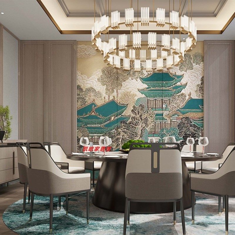 酒店电动岩板餐桌新中式电动大圆桌14人20人24人饭店包厢圆桌椅