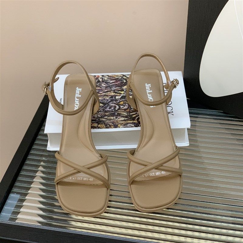 一字扣带方头粗跟凉鞋o女2024夏季新款简约网红晚晚鞋交叉带高跟,女鞋,一字带凉鞋,淘宝优惠券,粉丝福利购,淘宝优惠卷