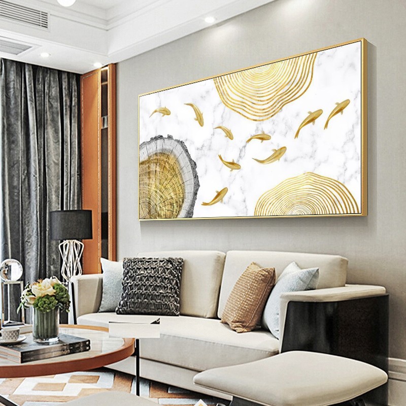 壁画客厅挂画沙发背o景墙装饰画九鱼图横版长条一整幅落地大尺寸