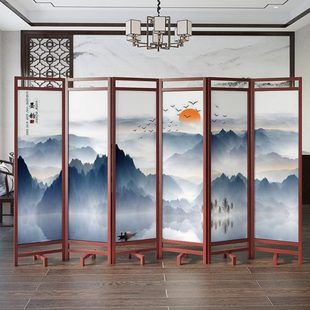 屏风隔断客厅实木折叠移动办公室山水简约现代遮挡玄关进门 新中式