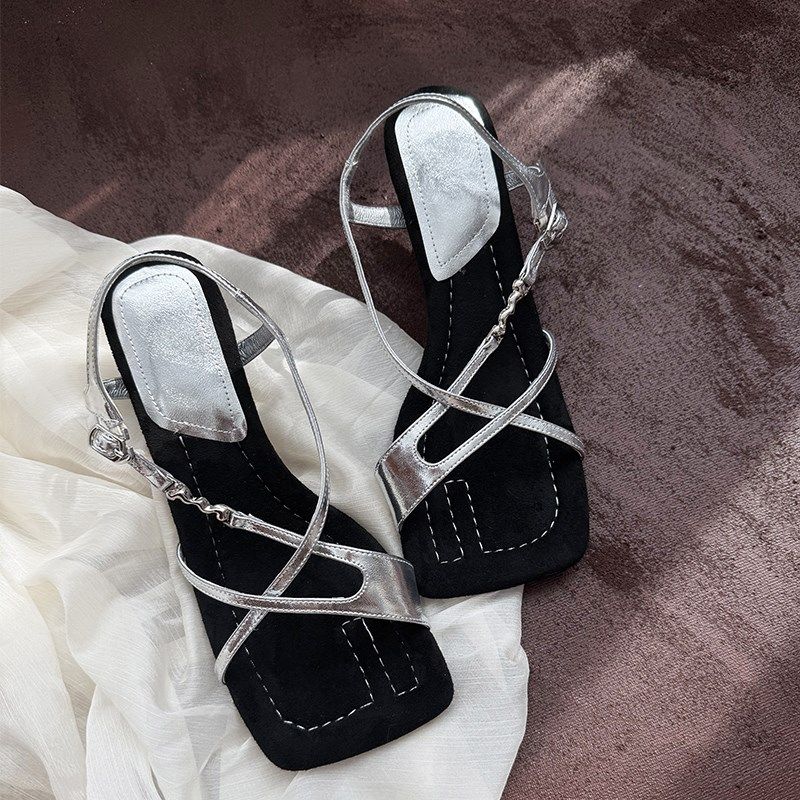 法式气质粗跟方头露趾交t叉带高级感时尚百搭凉鞋女夏季仙女风,女鞋,一字带凉鞋,淘宝优惠券,粉丝福利购,淘宝优惠卷