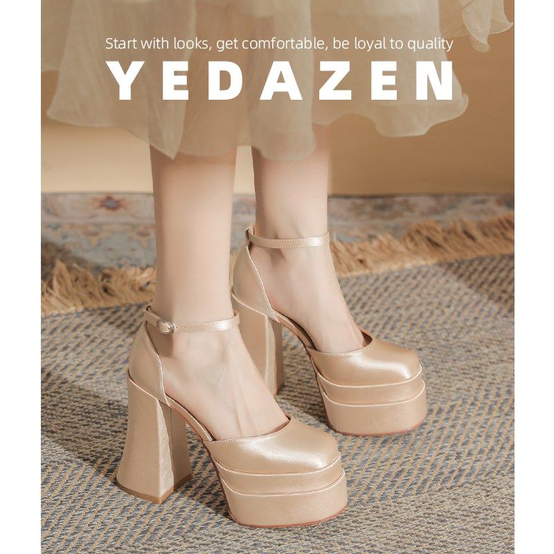 一字带米白色厚底凉鞋女款夏季绝美小高跟鞋2025T新款中空粗跟单