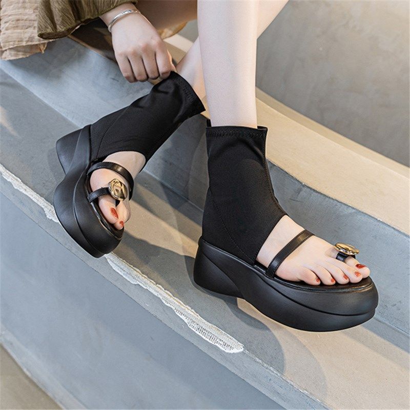 2025夏d季新款厚底防水台小个子时尚凉鞋短筒镂空弹力套趾外穿凉,女鞋,罗马凉鞋,淘宝优惠券,粉丝福利购,淘宝优惠卷