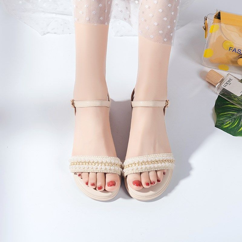 韩系凉鞋2023年女新款今年x夏季粗跟一字带鞋子女百搭平底孕妇女,女鞋,一字带凉鞋,淘宝优惠券,粉丝福利购,淘宝优惠卷