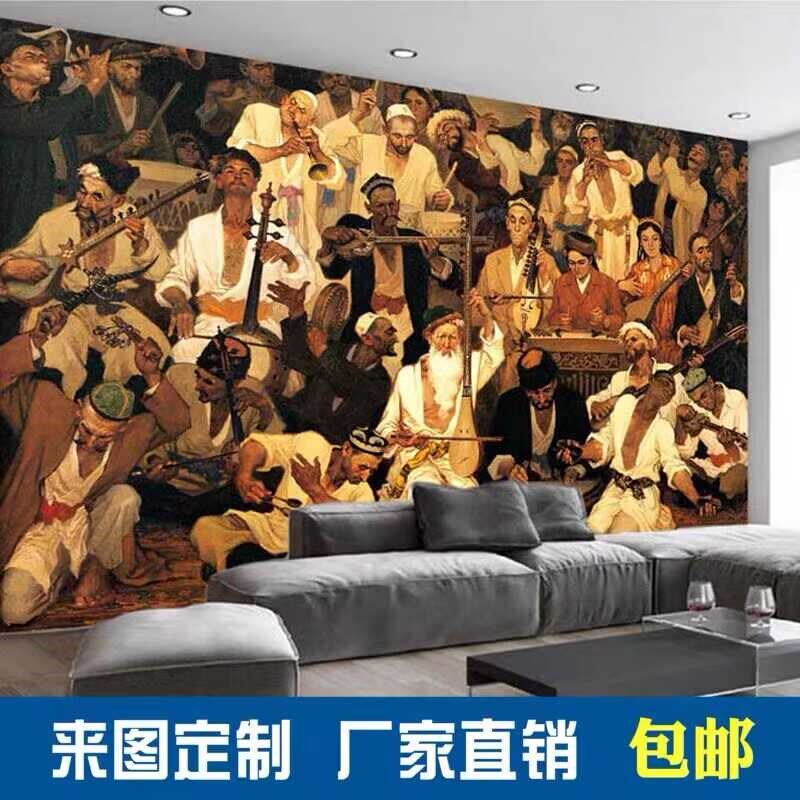 新疆民族风舞蹈饭店壁纸维吾尔族十二G木卡姆壁画沙发餐厅特色墙