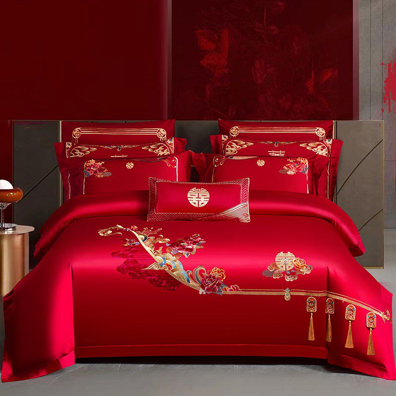 全棉婚庆四件套大红色喜被子z结婚六件套被套刺绣婚房床上用品,床上用品,婚庆床品套件,淘宝优惠券,粉丝福利购,淘宝优惠卷