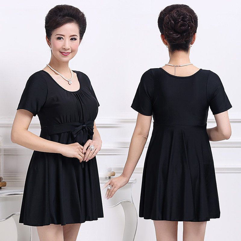 大码中老年泳衣女妈妈款连v体裙式泡温泉老人保守遮肚显瘦中长款