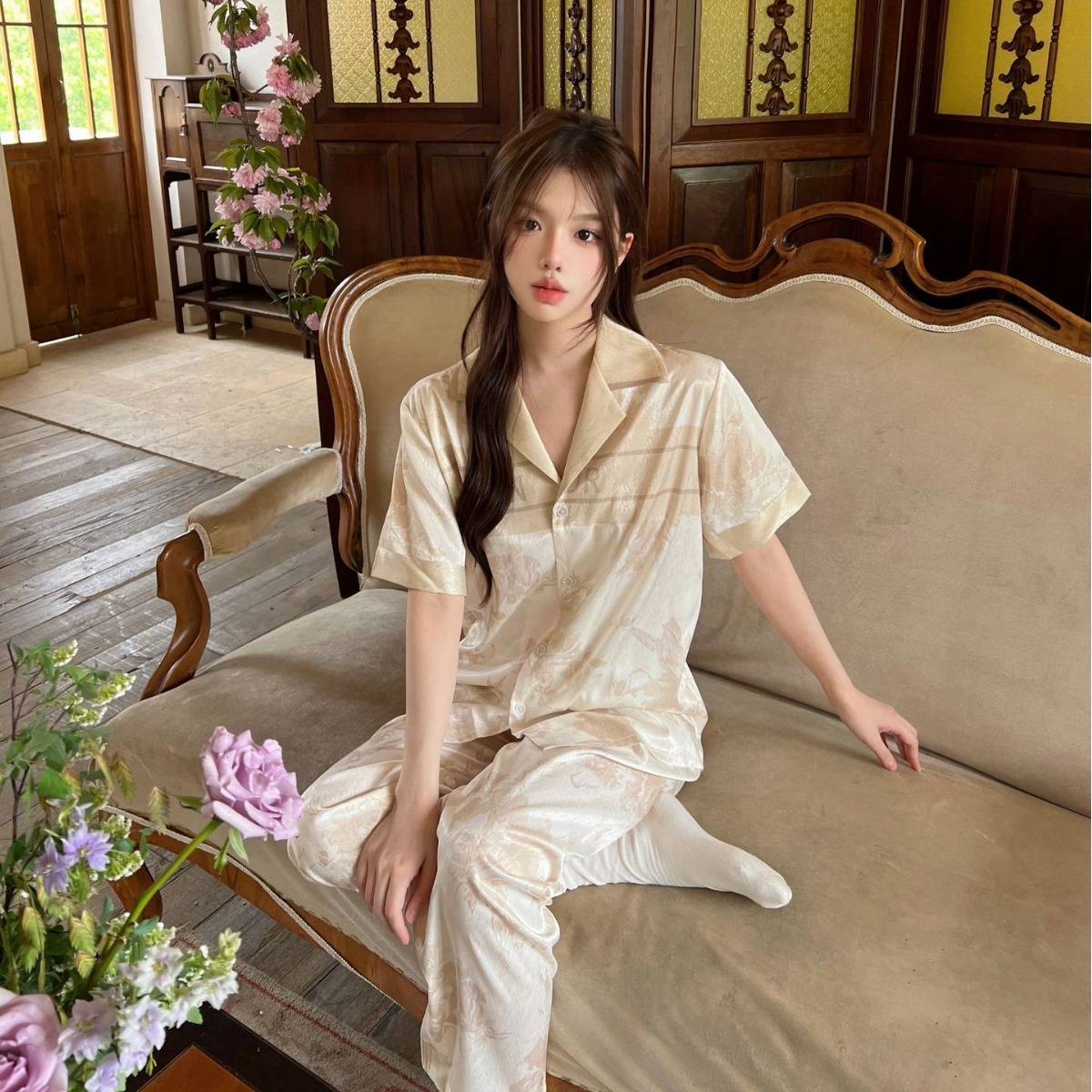 【香槟蝴蝶】蝴蝶睡衣春夏冰丝短袖薄款轻奢水墨女士家居服
