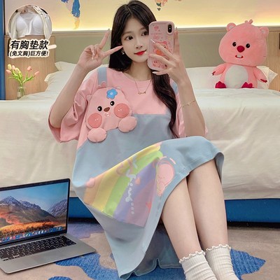 睡裙夏季女款2024新p款带胸垫纯棉短袖待产裙孕妇睡衣可爱卡通胖M