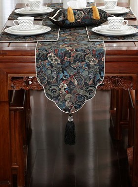 中式禅意桌旗复古中国风茶几旗黑色新中式茶O席桌布茶台茶旗布定