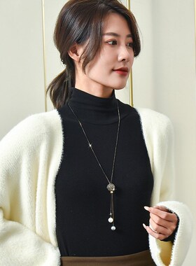 简约百搭毛衣链女长款秋冬配饰挂件镶钻球项链珍珠流苏吊坠