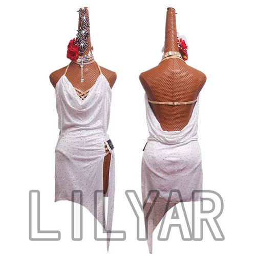 新款拉丁舞表演服比赛服成人女定制儿童L白色伦巴舞裙练功服恰恰