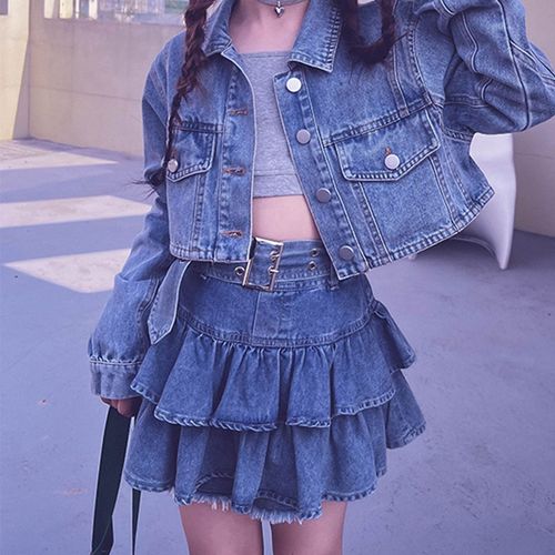 女童夏季牛仔蛋糕裙2024新款防走D光舞蹈短裙子高腰荷叶边亲子女