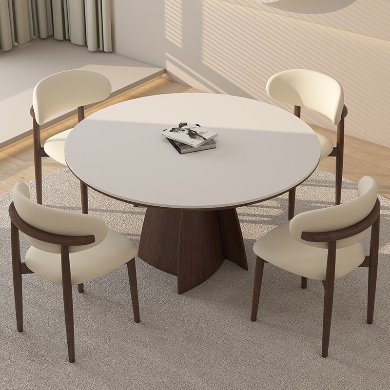 实木岩板餐桌圆桌家用小户型奶油中古风高端德利丰圆形吃饭桌子