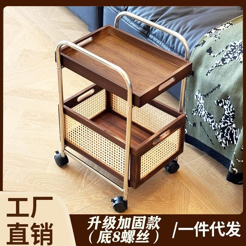 中古实木边几可移动小推车沙发边柜置物柜客厅茶水架高级藤编侘寂