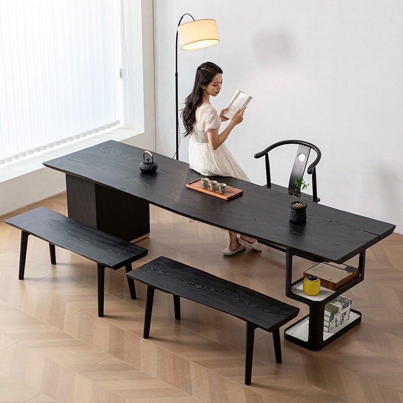 白蜡木碳化茶桌餐桌侘寂风黑色洽谈办公桌家用客厅实木泡茶桌