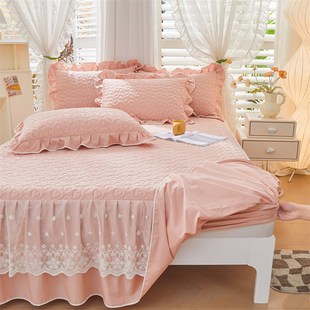 床裙二合一三件套简约风单件防滑床罩四季 纯色全棉夹棉床笠式 通用