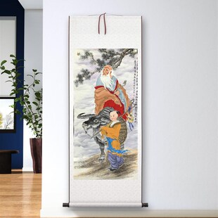 老子出关紫气东来中式老子骑青牛玄关纯手绘O精品人物国画卷轴挂