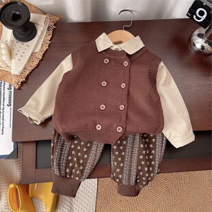 男童春装套装2025新款帅气时z髦潮宝宝毛衣三件套春秋季婴儿童男