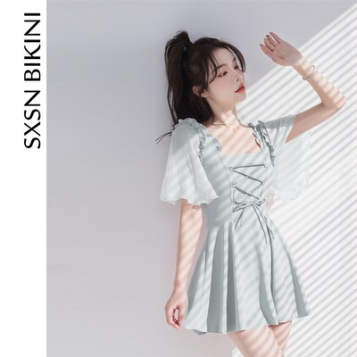 树熊少女 新款显瘦大童方领连体C裙式温泉学生保守度假游泳衣平角