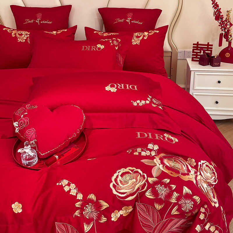 中式婚庆100支长绒棉全棉v四件套刺绣结婚陪嫁被套大红色床上用品,床上用品,婚庆床品套件,淘宝优惠券,粉丝福利购,淘宝优惠卷