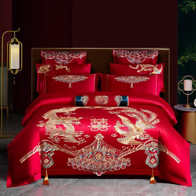 120支长绒棉j婚庆四件套全棉刺绣大红色婚房龙凤结婚床上用品4,床上用品,婚庆床品套件,淘宝优惠券,粉丝福利购,淘宝优惠卷