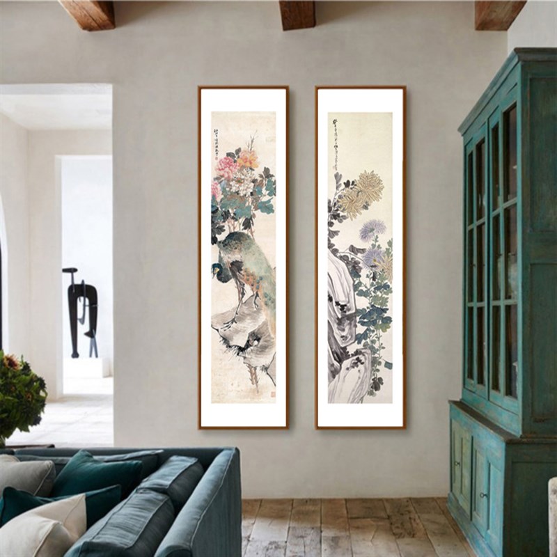 新中式玄关走廊过道装饰画牡丹花卉四联壁画客厅沙发背景墙挂画竖