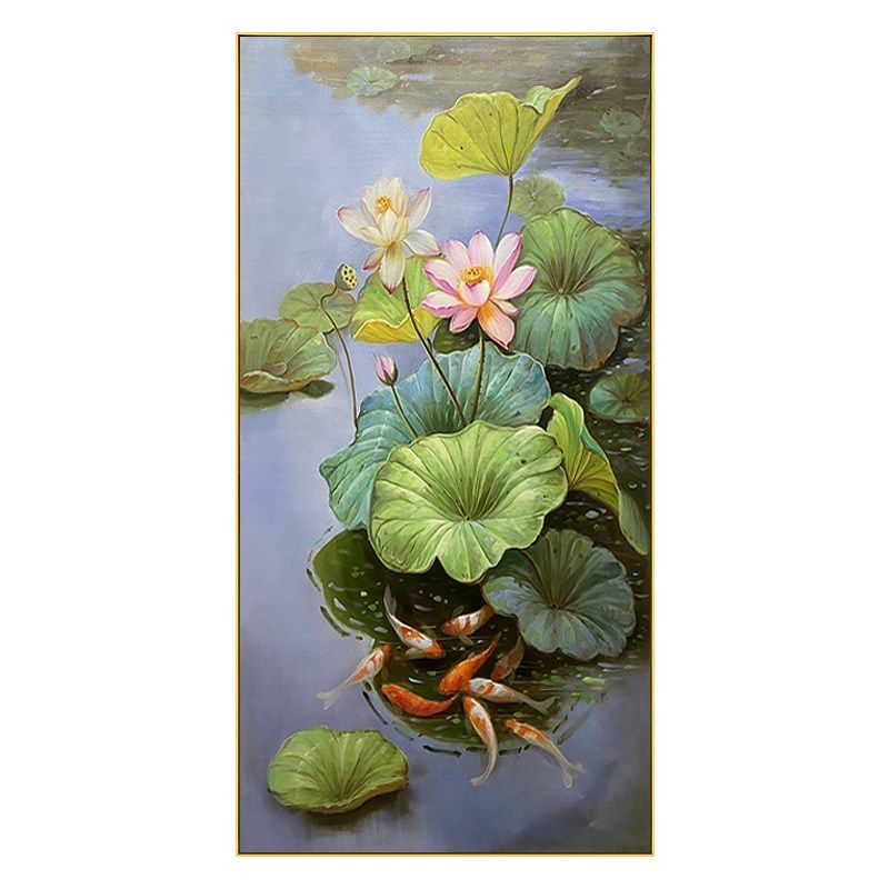 手绘荷九鱼图油画现代走廊玄关装饰画过道挂画竖客厅壁画