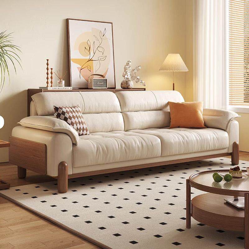 意式轻奢真皮沙发客厅小户型实木中古风直排云朵皮艺沙发