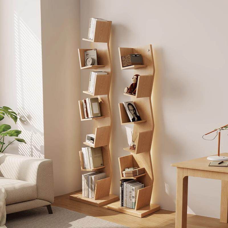 轻奢实木书架落地靠墙角树形创意书柜家用多层led灯展示置物架子