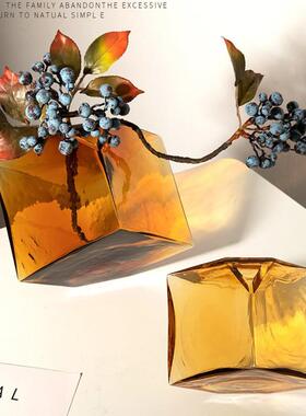 花瓶玻璃花几何工艺品魔方插花水工艺花工摆件培彩色玻璃玻璃方形