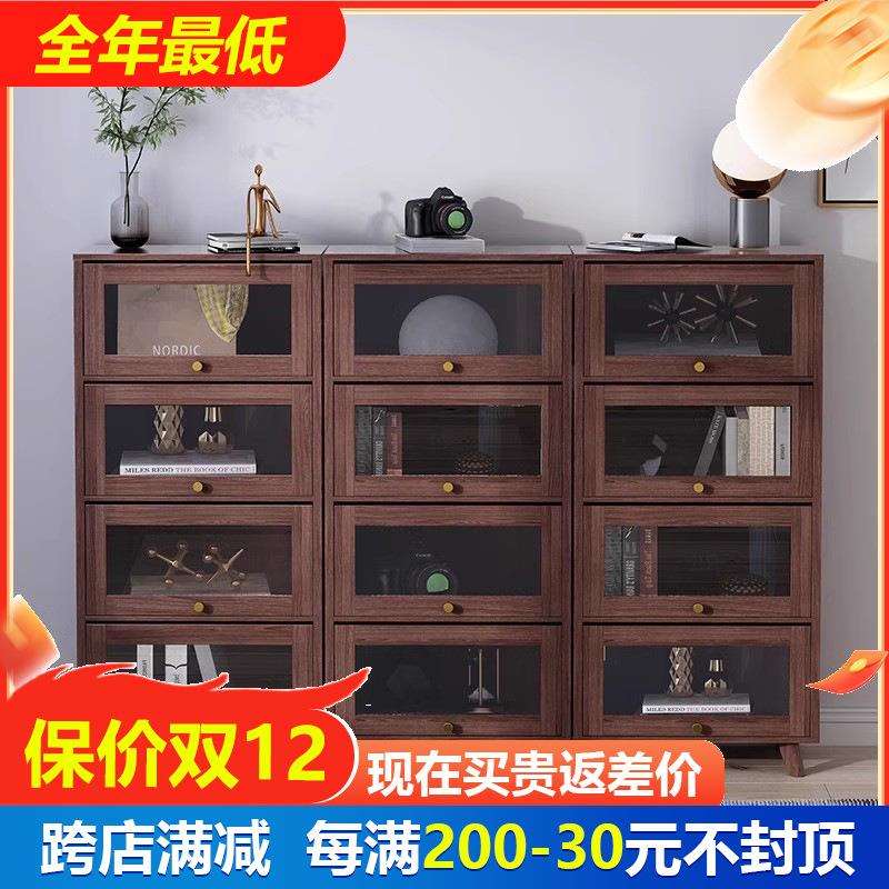 新款实木上翻门书柜儿童收纳柜大容量书架防尘玻璃门置物柜组合